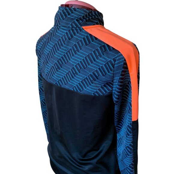 PUMA Kids Track Jacket Size Large 14-16 Black Teal Orange Logo Pattern Full Zip - Picture 8 of 10